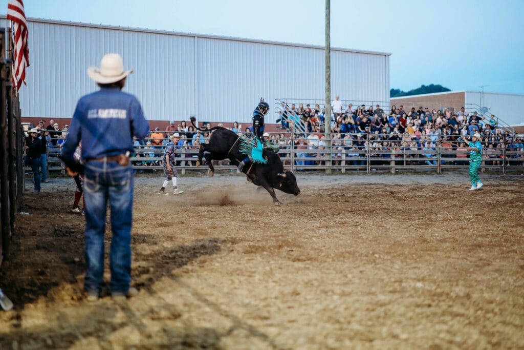 Bull rider on bucking bull at rodeo arena